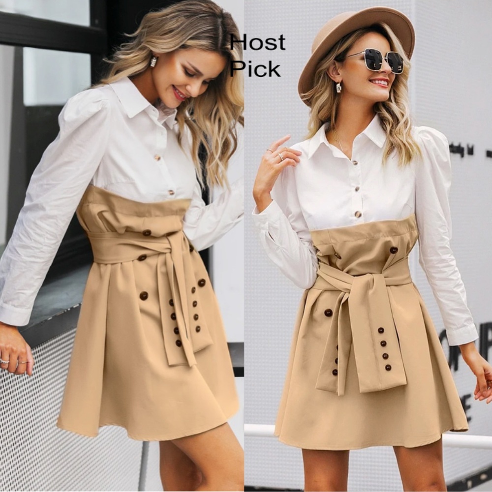 Faux Overlay Trench Skirt With Dress Shirt Dress White Khaki - Picture 3 of 15